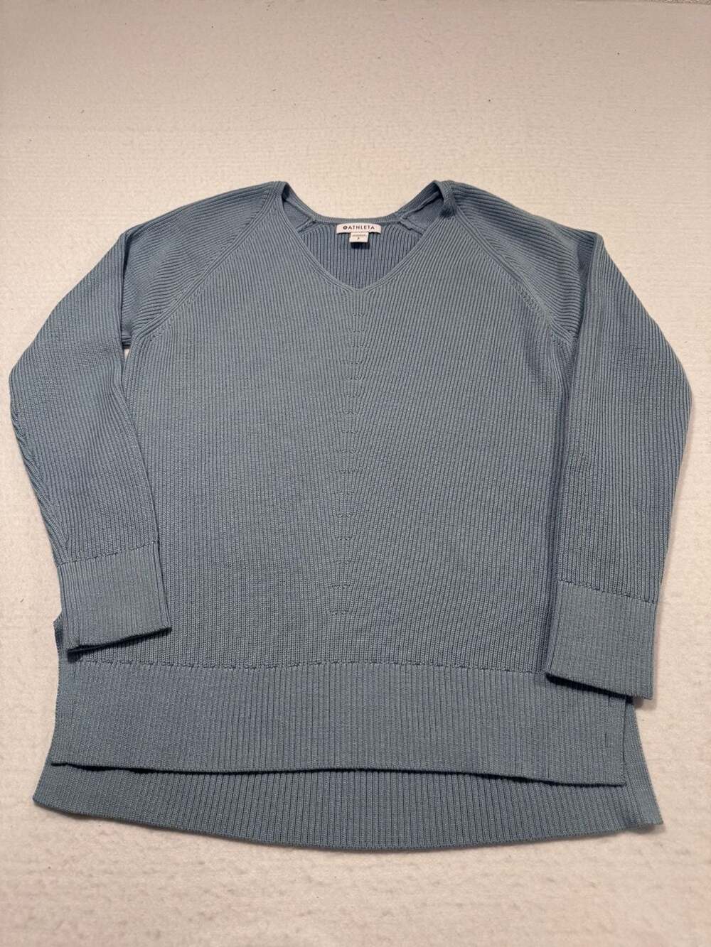 Athleta Hanover V-Neck Sweater Blue Merino Wool Blend Size S